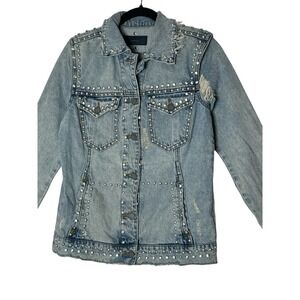 BLANKNYC Denim Jacket Womens XS Blue‎ Studded Pearl Distressed Star Oversized